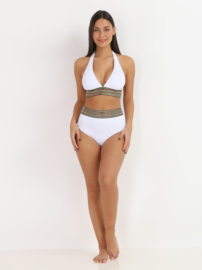Bikini taille haute blanc à motif Grecque