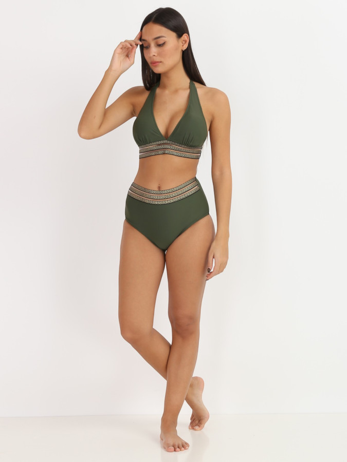 Bikini taille haute kaki à motif Grecque