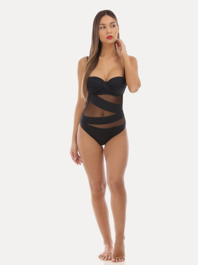 Maillot de bain noir à empiècements en tulle
