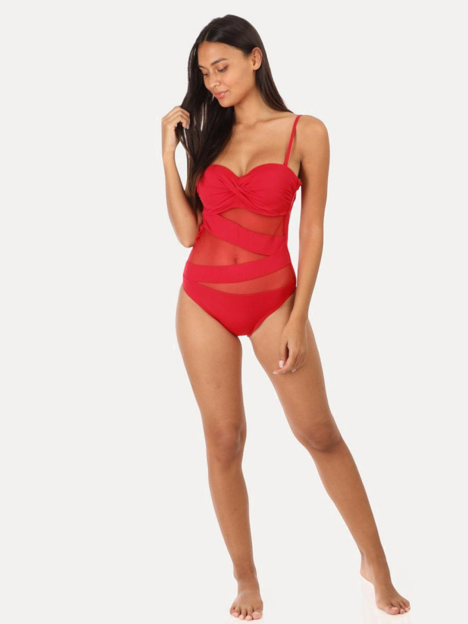 Maillot de bain rouge avec empiècements en tulle