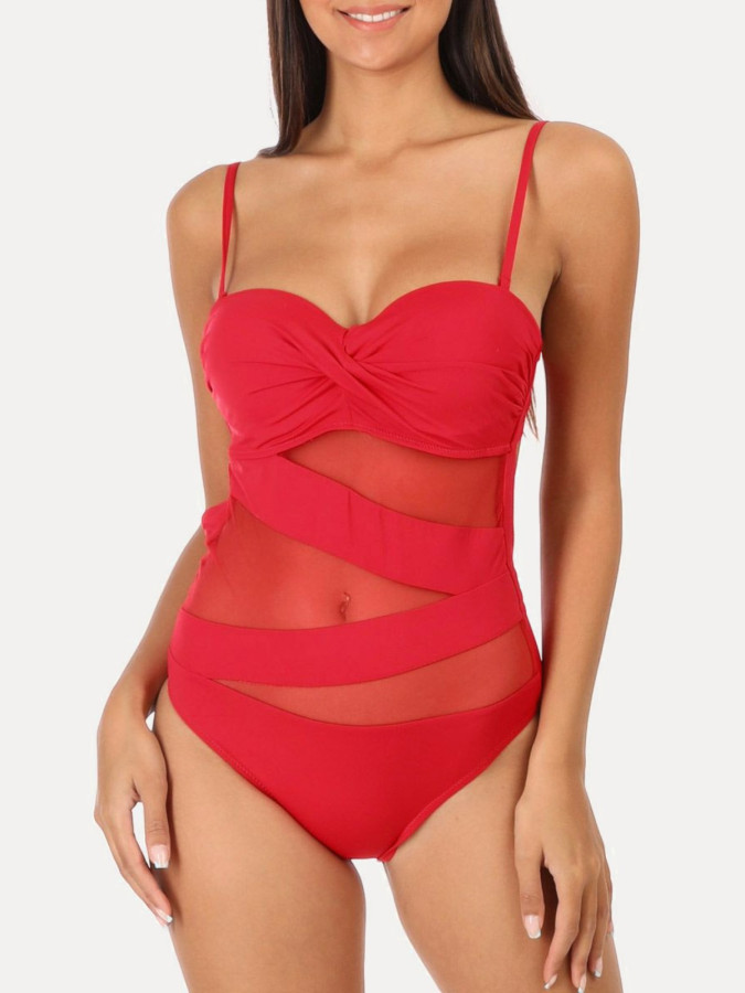 Maillot de bain rouge avec empiècements en tulle