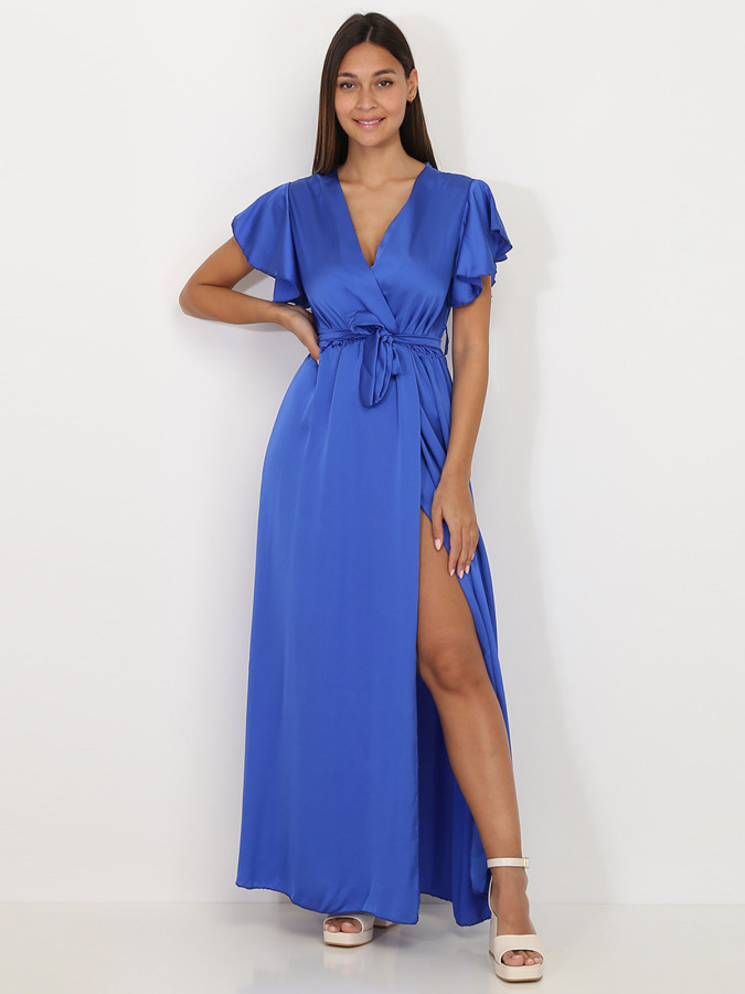 Robe longue cache cœur bleue fendue