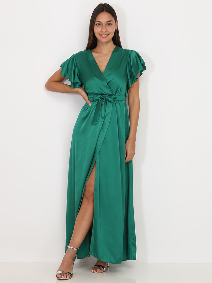 Robe longue cache cœur verte fendue