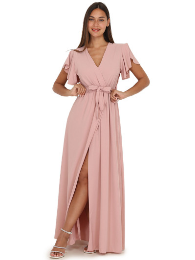 Robe longue fendue à col cache coeur