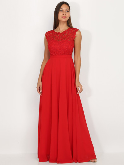 Robe longue rouge à dentelle
