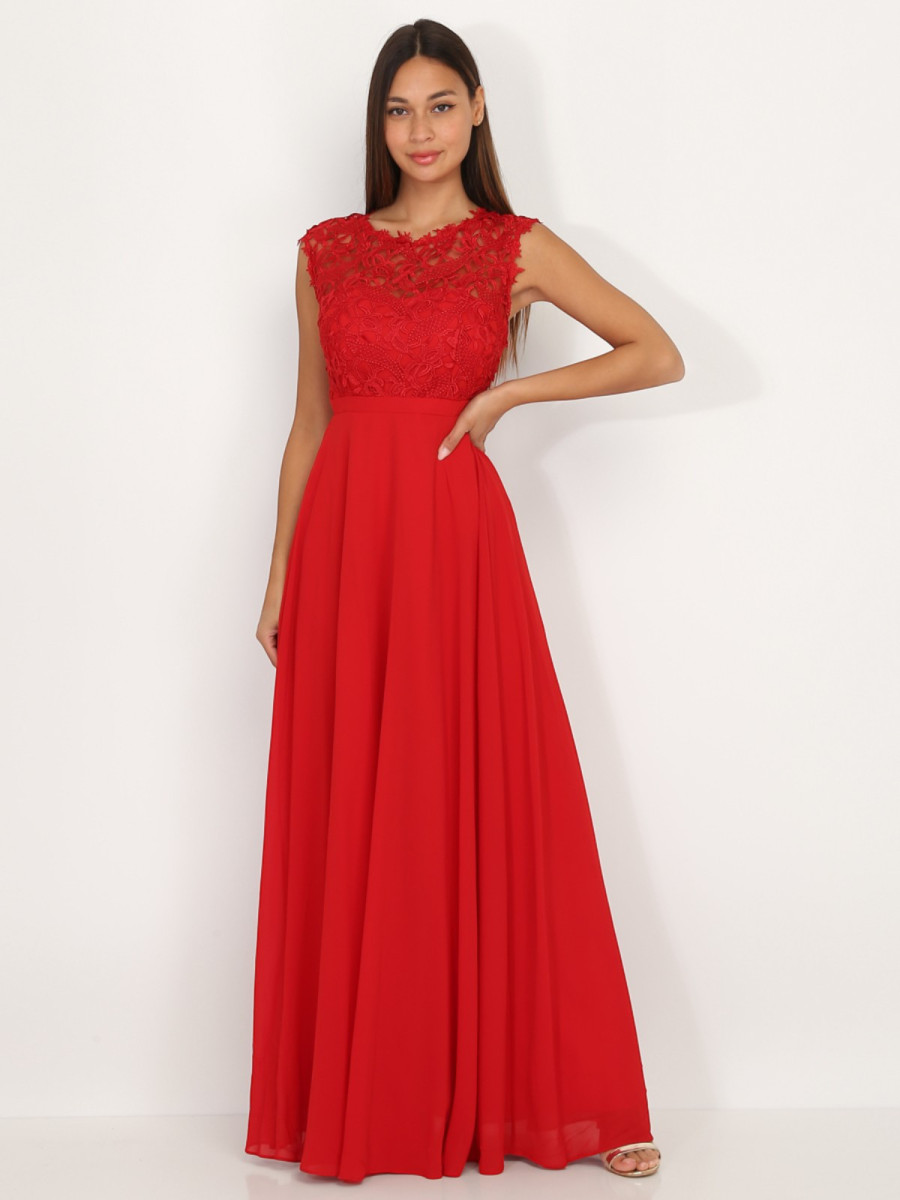 Robe longue femme avec dentelle ajourée et ceinture