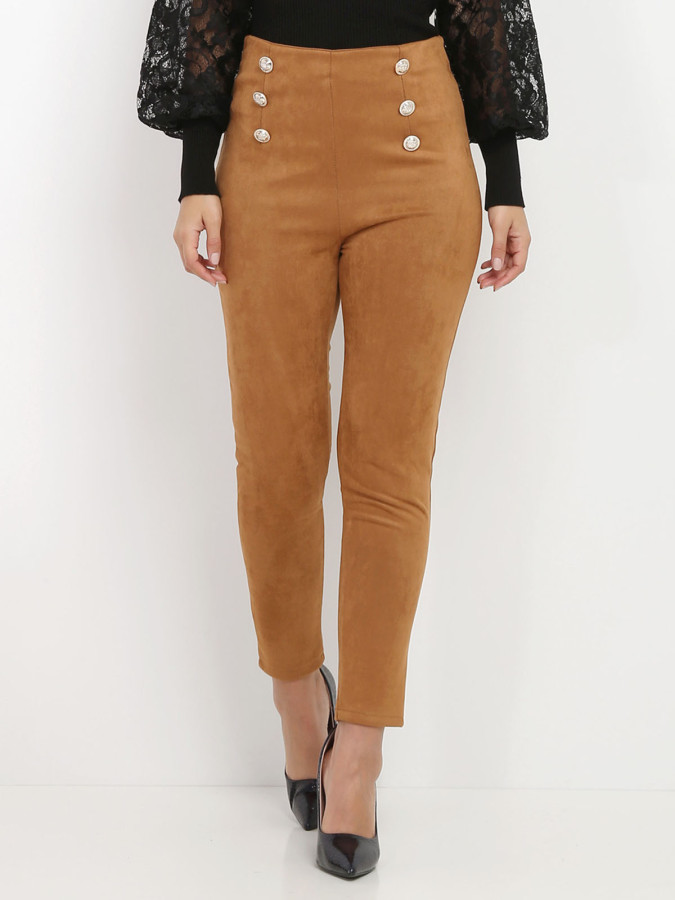 Pantalon taille haute marron en suédine à boutons
