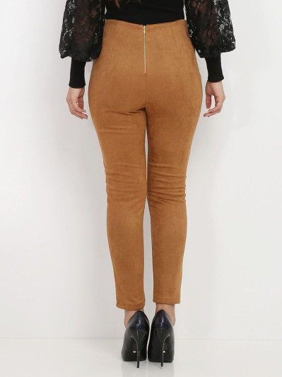 Pantalon taille haute marron en suédine à boutons