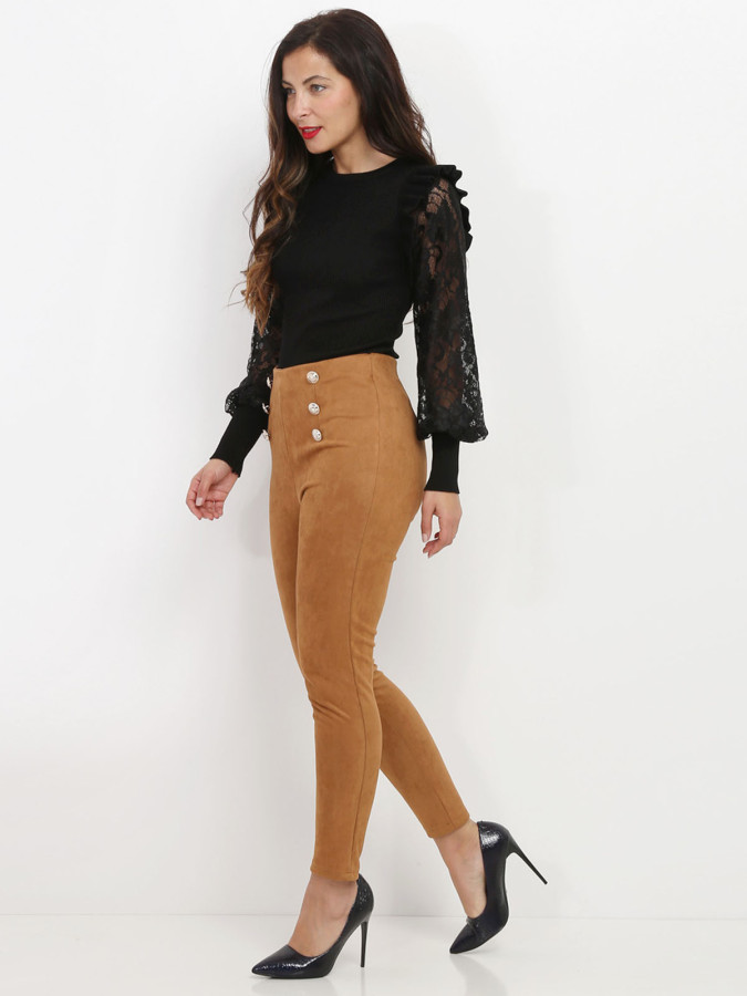 Pantalon taille haute marron en suédine à boutons