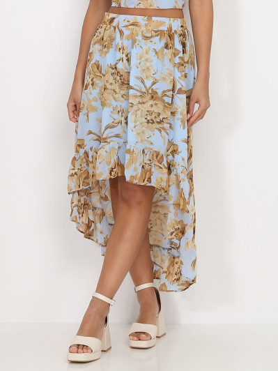 Jupe asymétrique bleu clair à imprimé printanier