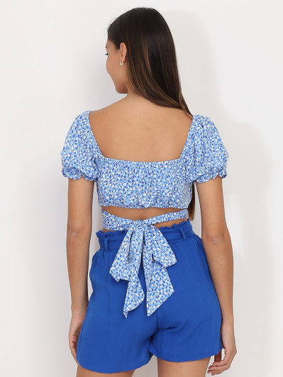 Crop top bleu à nouer avec motif tacheté