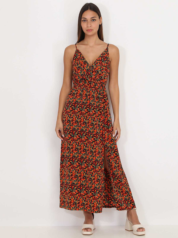 Robe longue fendue noire à motif fruits