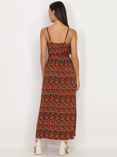 Robe longue fendue noire à motif fruits