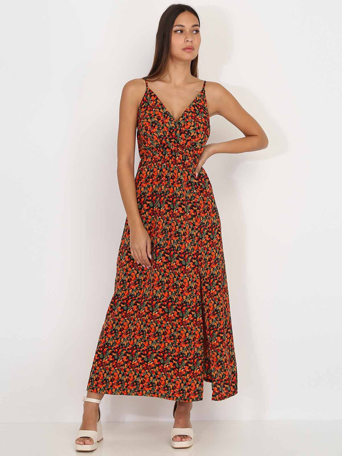 Robe longue fendue noire à motif fruits