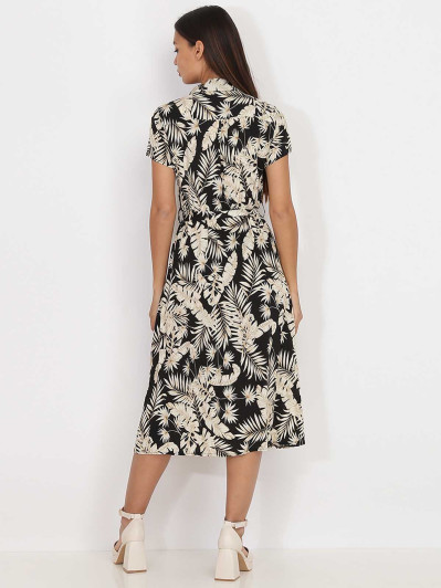 Robe chemise mi-longue noire à feuilles