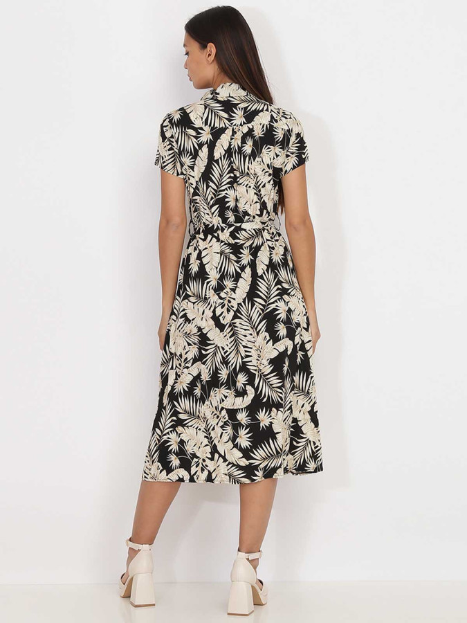 Robe chemise mi-longue noire à feuilles