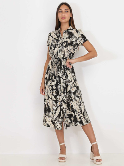 Robe chemise mi-longue noire à feuilles