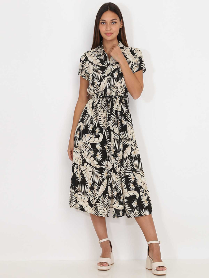 Robe chemise mi-longue noire à feuilles