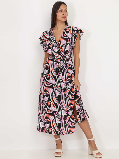 Robe fendue noire à motif arabesques