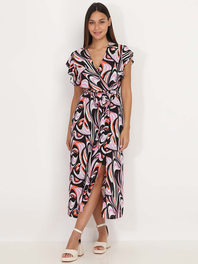 Robe fendue noire à motif arabesques