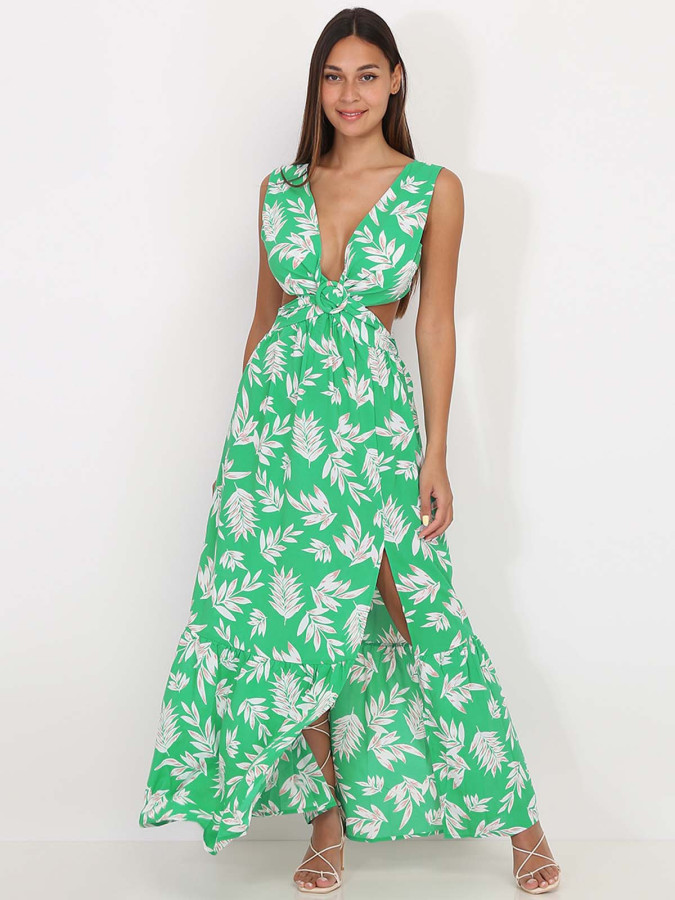 Robe cut out verte à imprimé feuilles