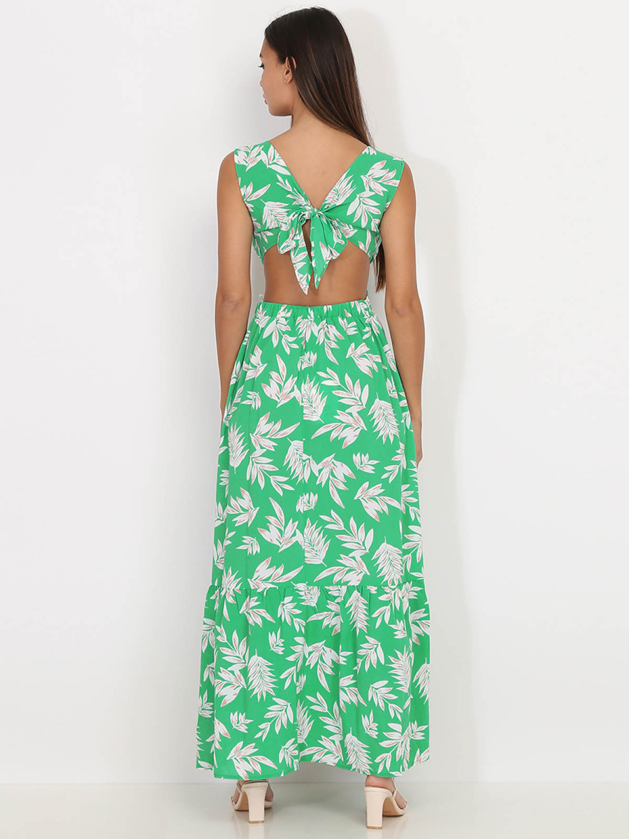 Robe sans manches à imprimé feuilles. Décolleté en V et volant sur la