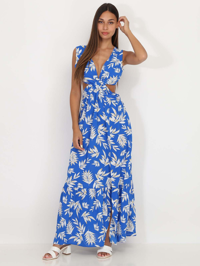 Robe cut out bleue à imprimé feuilles