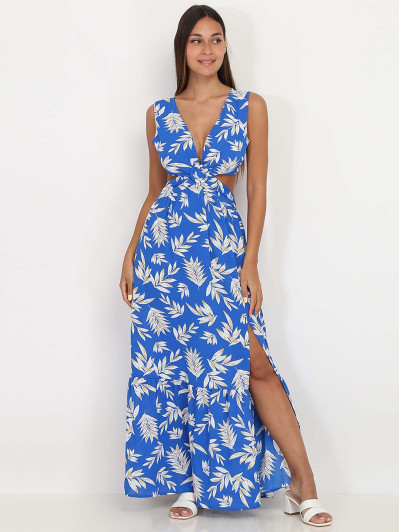 Robe cut out bleue à imprimé feuilles
