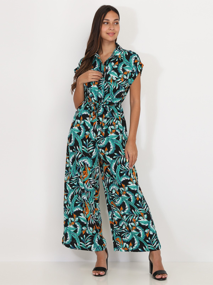 Combinaison fluide noire à imprimé feuilles vertes