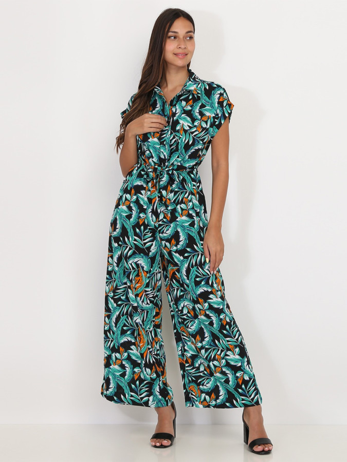 Combinaison fluide noire à imprimé feuilles vertes