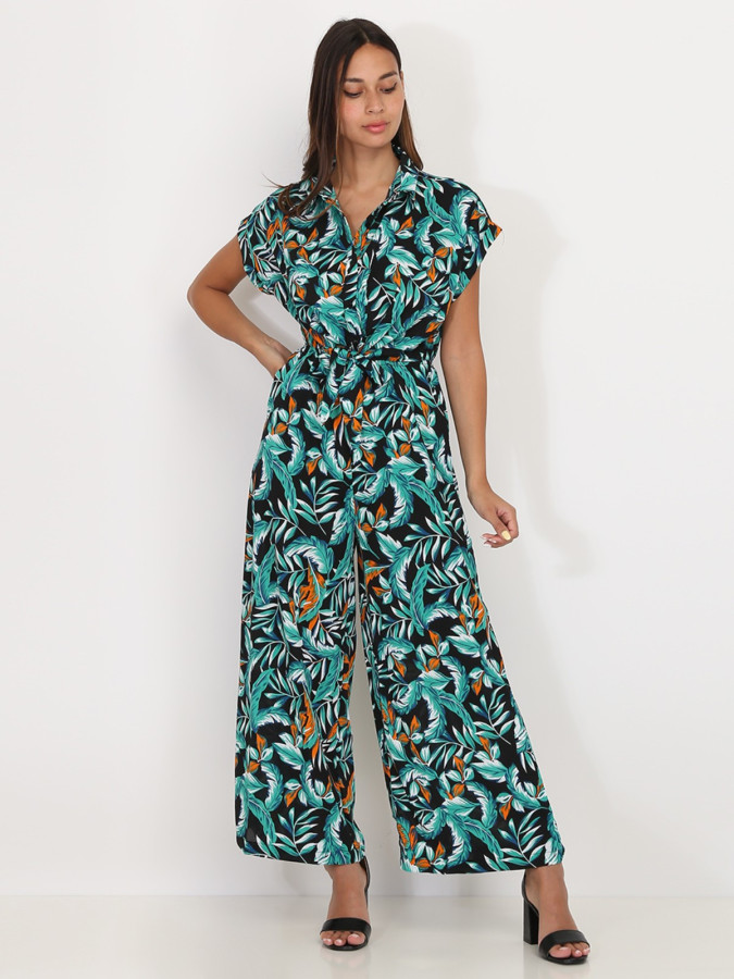 Combinaison fluide noire à imprimé feuilles vertes