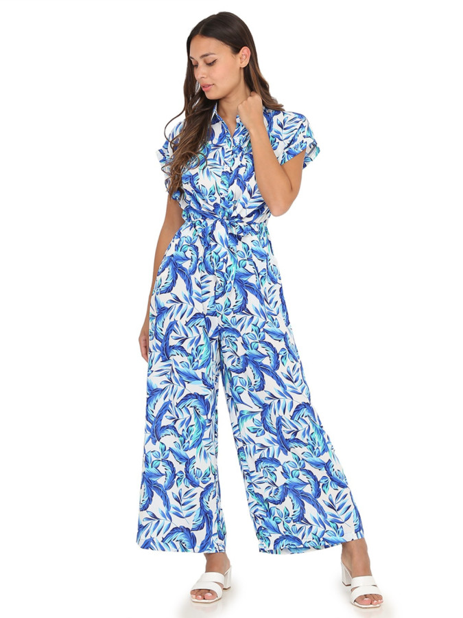Combinaison fluide blanche à imprimé feuilles bleues