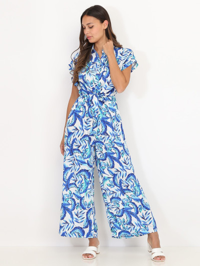 Combinaison fluide blanche à imprimé feuilles bleues