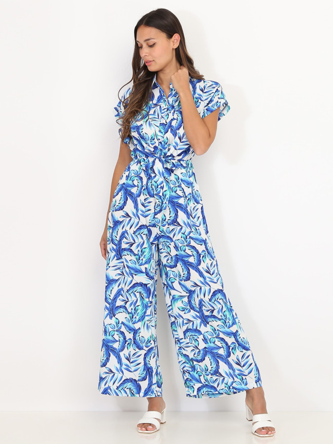 Combinaison fluide blanche à imprimé feuilles bleues