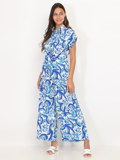 Combinaison fluide blanche à imprimé feuilles bleues