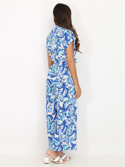 Combinaison fluide blanche à imprimé feuilles bleues