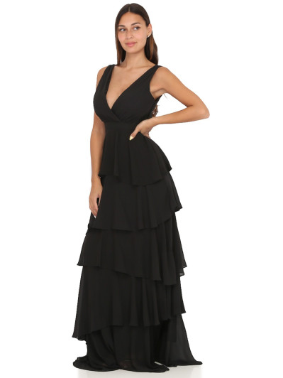 Robe longue noire à volants