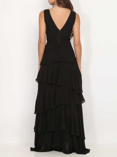Robe longue noire à volants