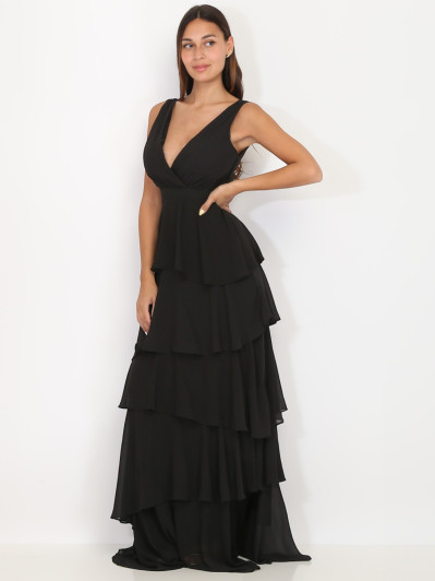 Robe longue noire à volants