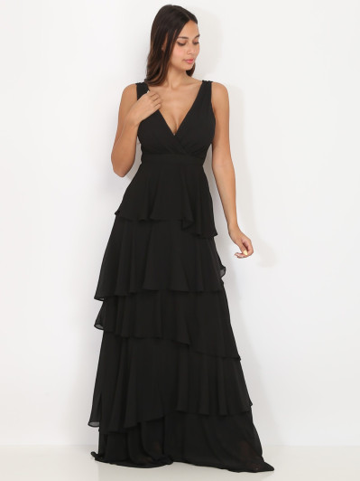 Robe longue noire à volants