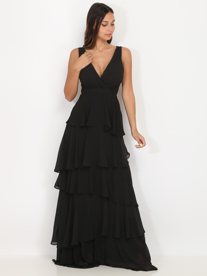 Robe longue noire à volants