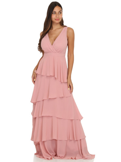 Robe longue vieux rose à volants