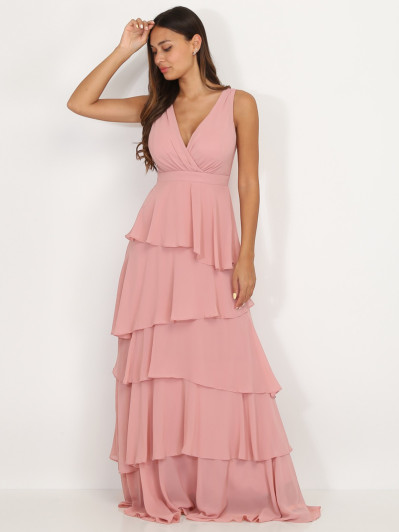 Robe longue vieux rose à volants