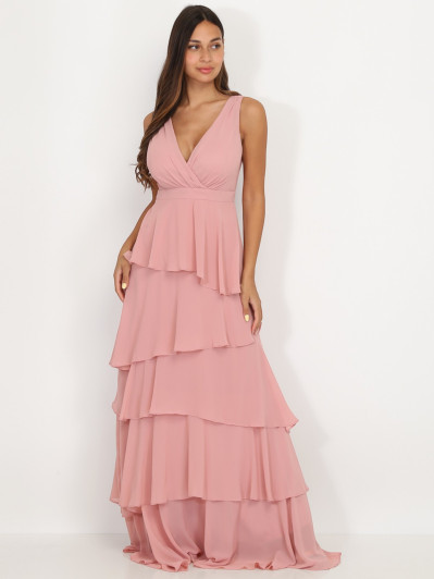 Robe longue vieux rose à volants