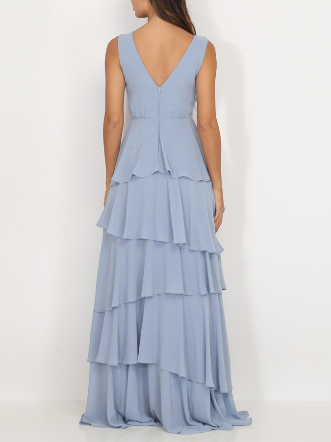 Robe longue bleu ciel à volants