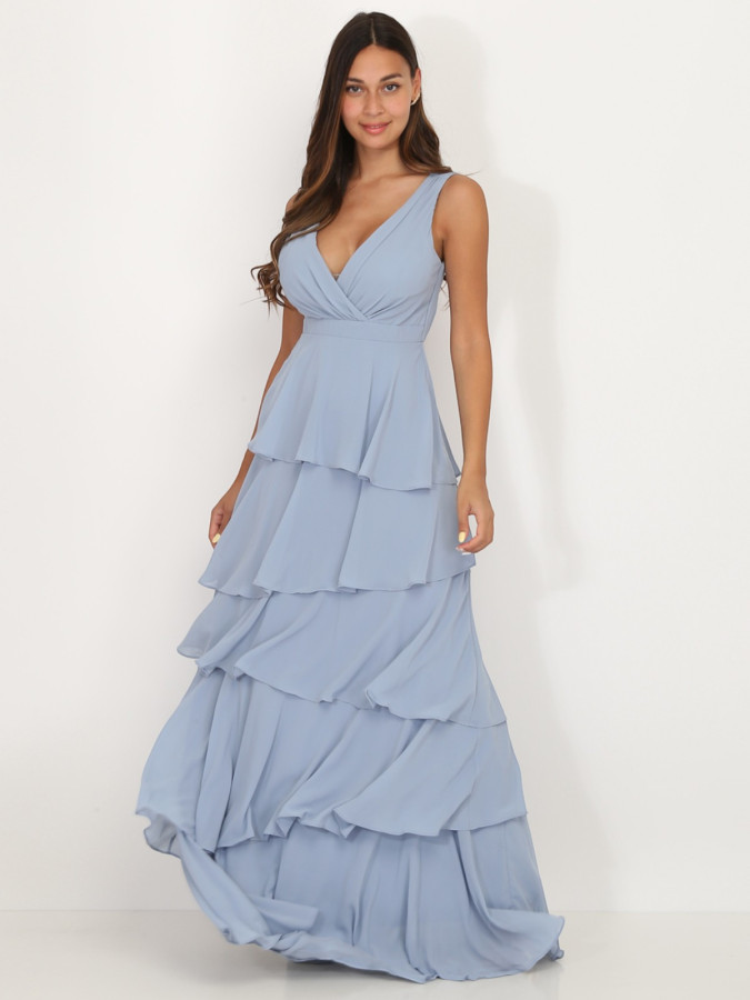 Robe longue bleu ciel à volants