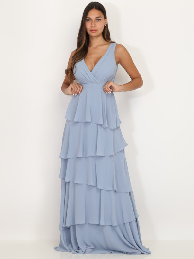 Robe longue bleu ciel à volants