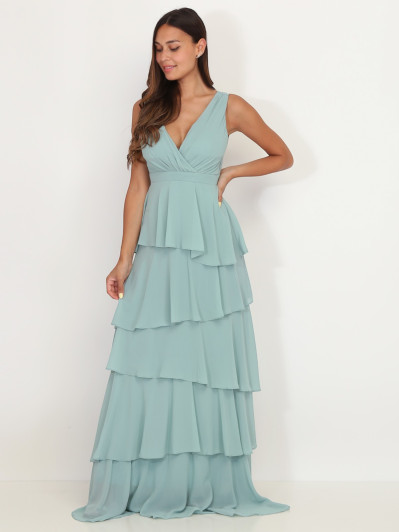 Robe longue vert d'eau à volants