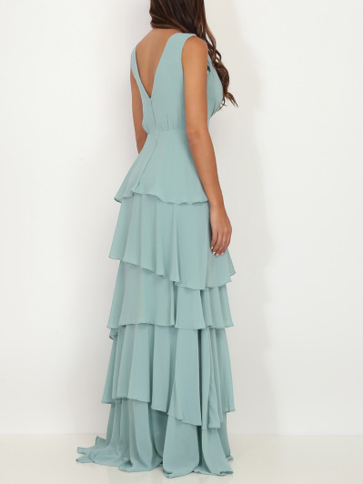 Robe longue vert d'eau à volants