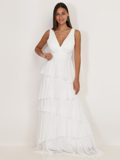 Robe longue blanche à volants